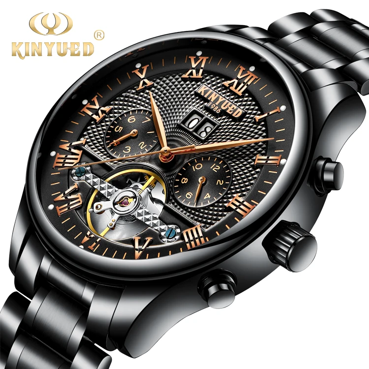 KINYUED Men's Watch Skeleton Automatic Mechanical Male Wrist Watch Calendar Week Display Waterproof Classic reloj hombre Clock 