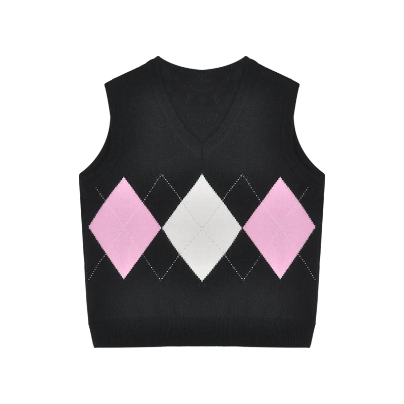 

Зимний розовый свитер, женский свитер с узором ромбиками, вязаный жилет с v-образным вырезом, винтажный черный жилет, клетчатый Топ Без Рукавов Для Женщин