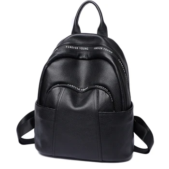 

Black Color 100% Genuine Cow Leather Fashion Backpack Women Simple Large Capacity Travel Backpack Student Travel Bag For Ladies