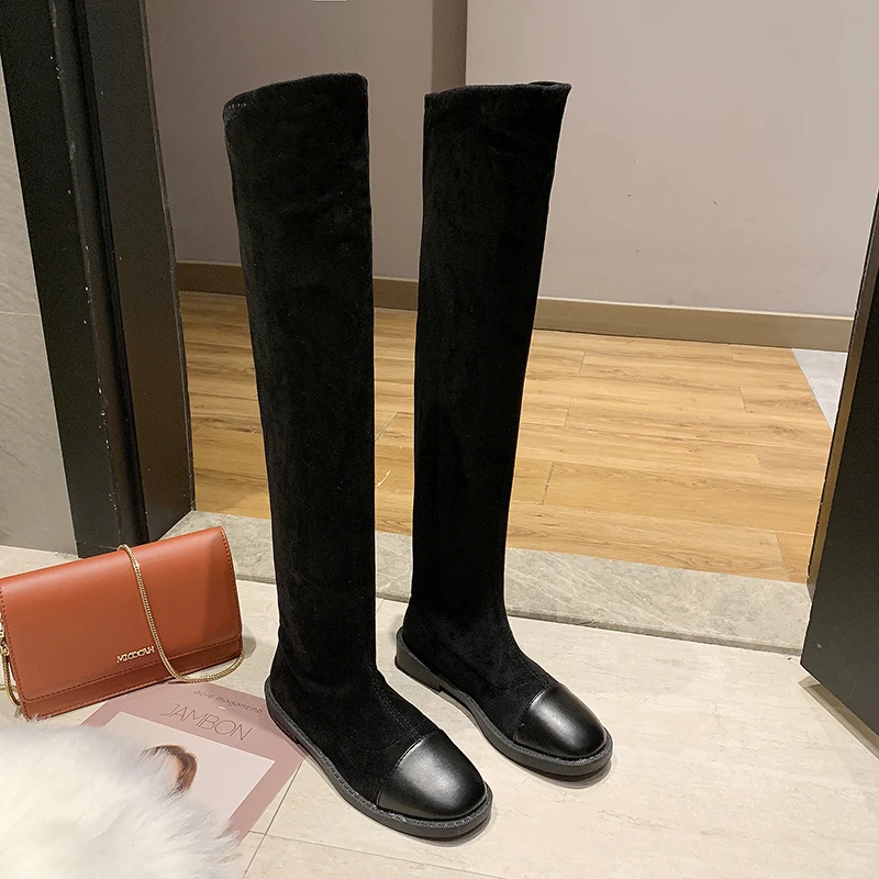 Nice Pop Soft Women Knee High Boots Autumn Round Toes Classic Black Shoes Woman Flat Heels Sexy Ladies Pretty Dress Boot