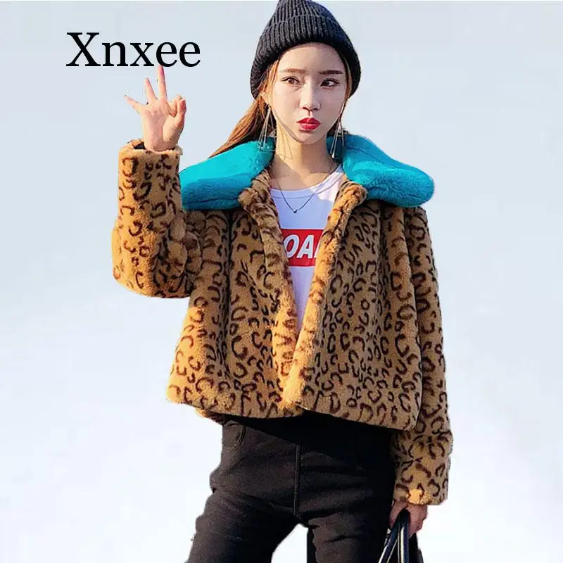 2020 Short Winter Fur Jackets Turn-down Collar Leopard Rex Rabbit Fur Coats Women  Winter Thick Faux Fur Coats And Jackets Coats