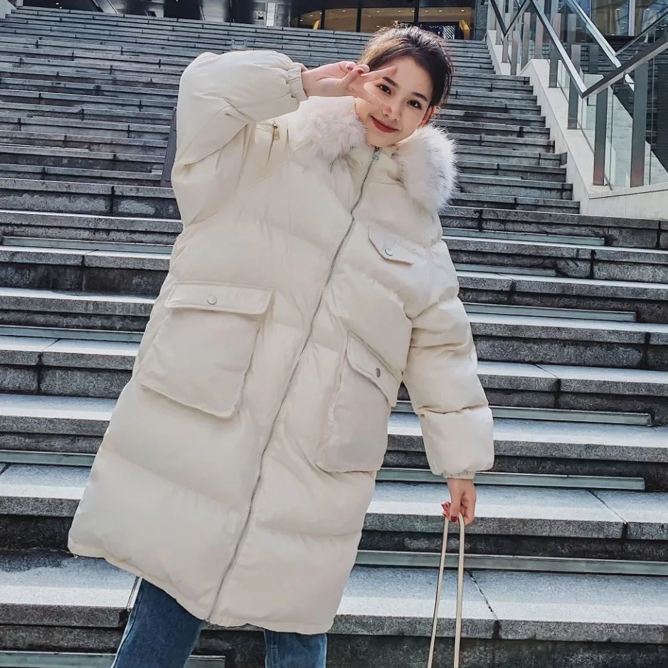 

Photo Shoot CHIC Elegant Off-white over-the-Knee Mid-length Hooded Large Fur Collar Stereo Pocket Thick Cotton Coat Women's