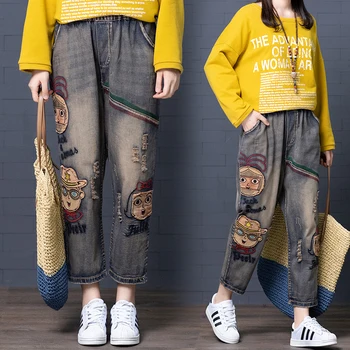 

Autumn Vintage Plus Size Women's Harem Jeans Patchwork Cartoon Embroidery Ripped Loose Denim Pants Female Bleached Elastic Waist