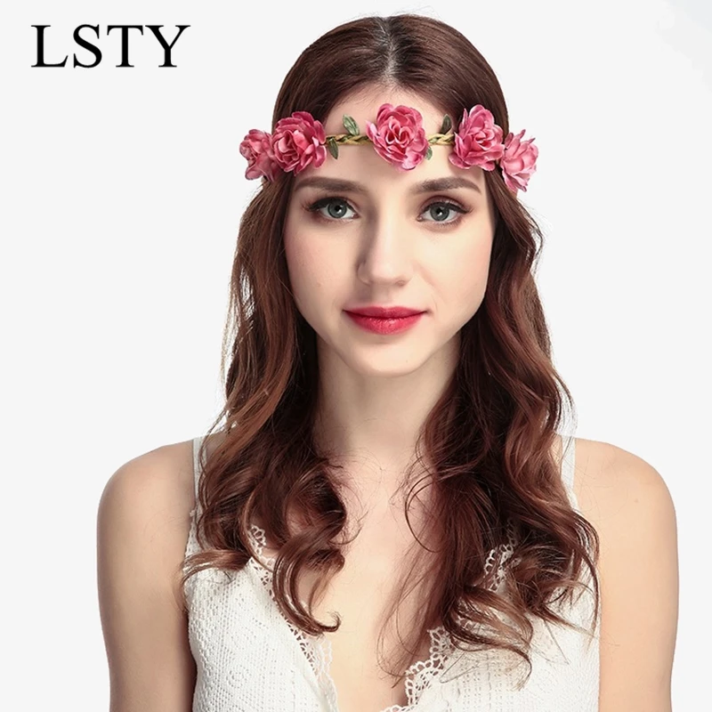 

New Fashion Elegant Wedding Headband Sweet Bride Rose Flower Crown Fashion Women Beach Travel Hair Wreath Party Hair Accessories