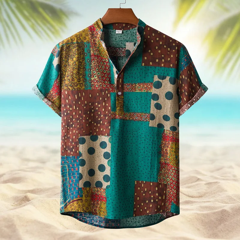SHUJIN hombres de lino de algodón camisa de manga corta de verano Floral suelto Casual holgados de camisas Tops de vacaciones playa hombres Hawái camisas