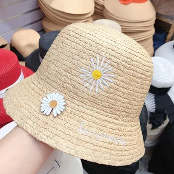 

202004-shi new handmade RAFFIA GRASS Small Daisy Embroidery sun cap women leisure bucket hat