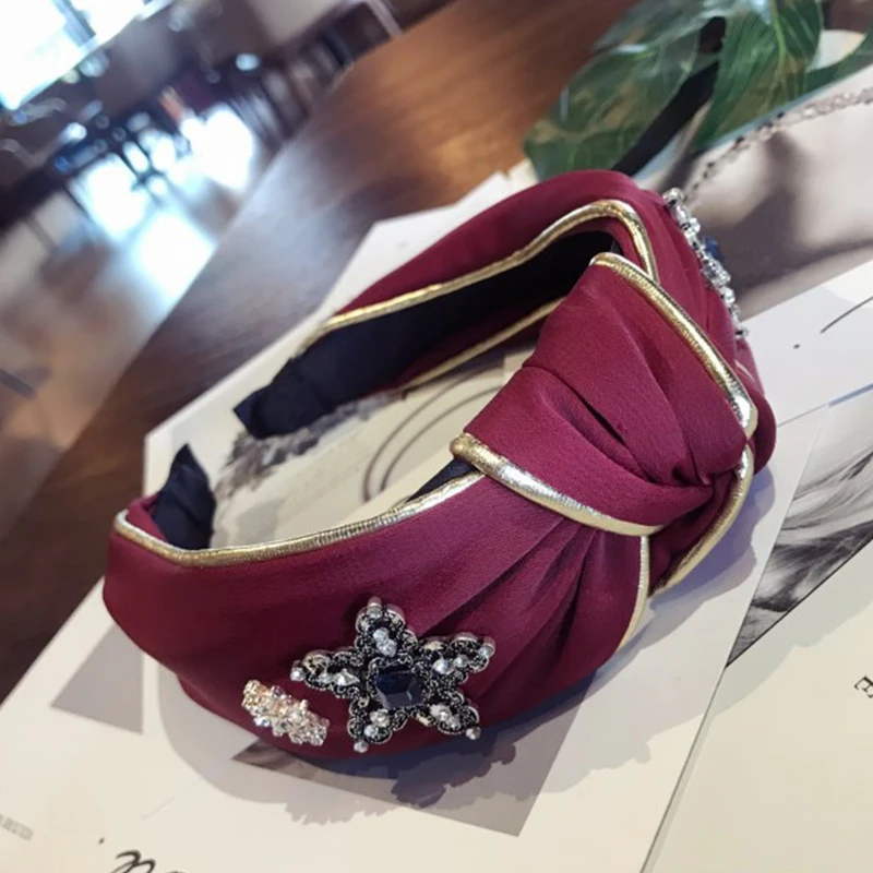 Бутик hairband аксессуары Женская Роскошная ткань Золотая оправа супер вспышка средняя завязанная широкая повязка с козырьком