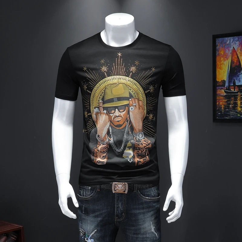 

2020 Hip Hop T Shirt Men Personality Rhinestone Print Slim Short Sleeve Tee Tops Men's Summer O-NeckT-Shirt Camiseta Masculina