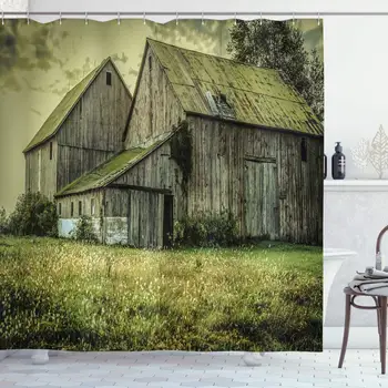 

Country Shower Curtain, Farmer Field Barn Warehouse Midwest American Style Antique Artwork Print, Cloth Fabric Bathroom Decor