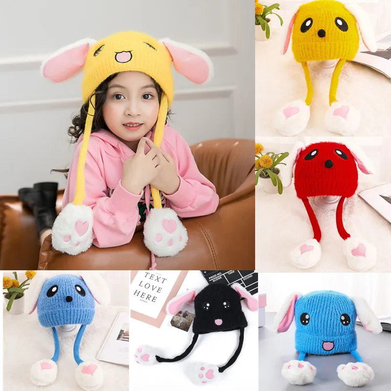 Toddler Kids Cute Rabbit Face Embroidery Knitted Hat with Airbag Moving Ears Winter Warm Thick Plush Doll Beanie Cap Gifts 1-10T | Детская