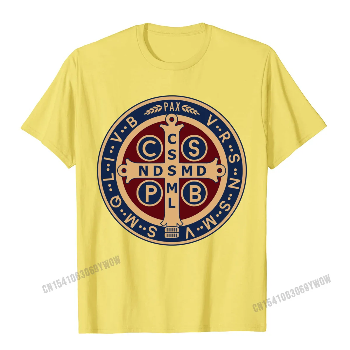 Custom Normal Crewneck T-Shirt Father Day Tops Tees Short Sleeve for Men High Quality 100% Cotton Slim Fit Top T-shirts The Saint Benedict Medal Catholic Pullover Hoodie__603 yellow