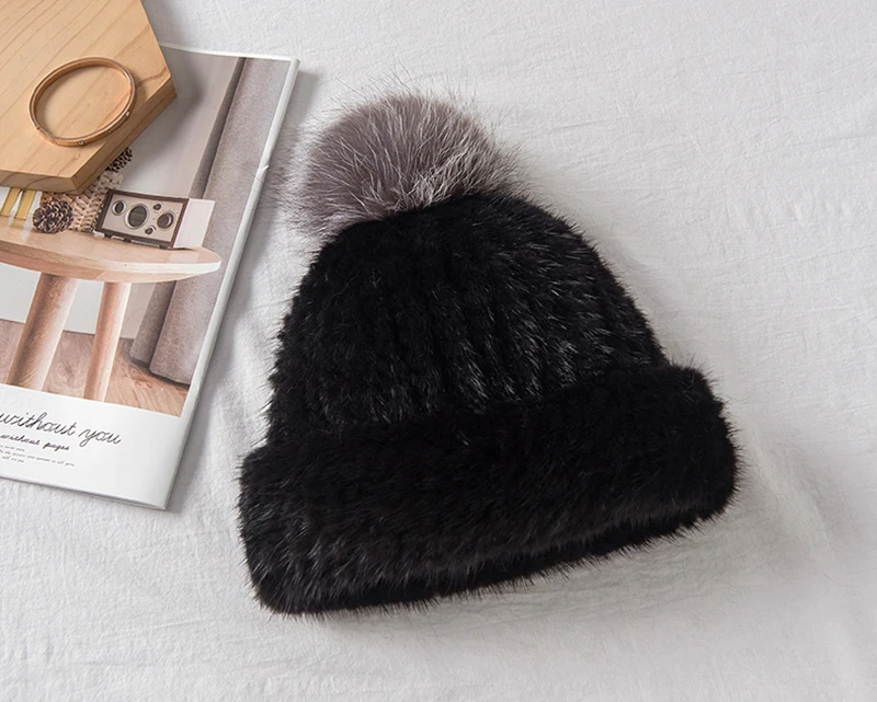 YC Fur настоящие меховые шапки головные уборы для женщин, вязаные шапки из меха норки, шапки с помпоном из меха серебристой лисы, женская зимняя шапка