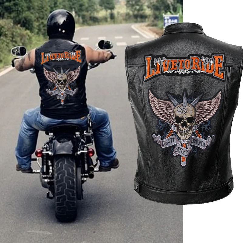 Мужской кожаный мотоциклетный жилет с вышивкой, куртка с черепом, мужские Весенние куртки, черный мотоциклетный жилет