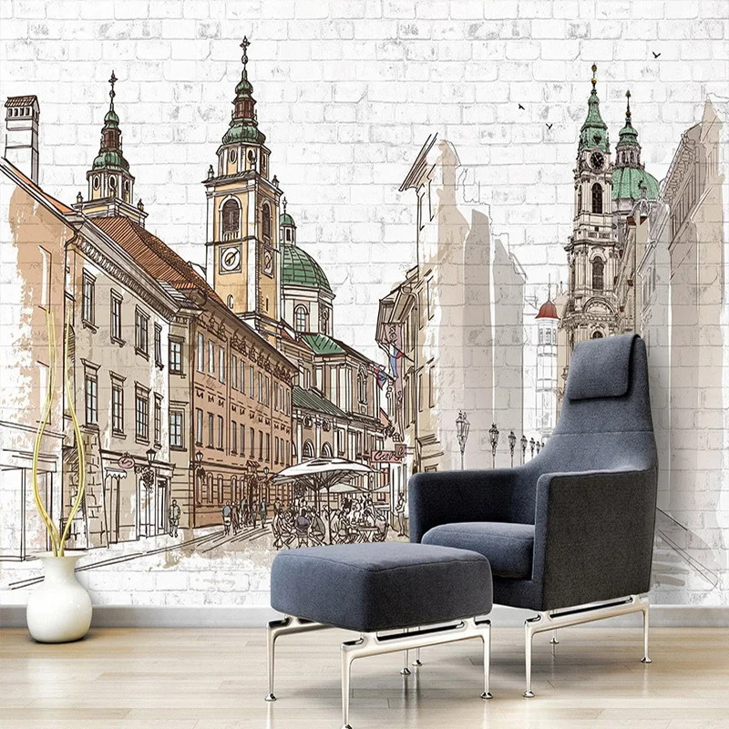 

Drop Shipping Hand Painted European City Large Murals Coffee Shop Brick Wall Decoration Art Mural Custom Photo Wall Paper
