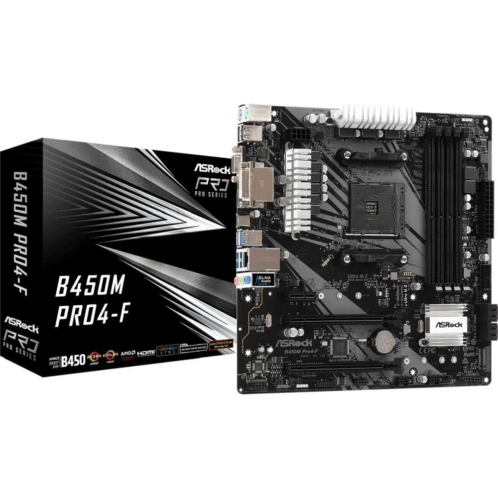 Материнская плата Asrock B450M PRO4-F Soc-AM4 AMD B450 4xDDR4 mATX AC`97 8ch(7.1) GbLAN RAID+VGA+DVI