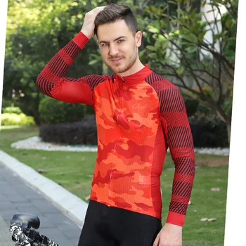 

CHEJI Camouflage Red Mens Long Sleeves Cycling Jersey Full Zipper Three Rear Pocket Bike Shirts Quick Dry Bicycle Clothes