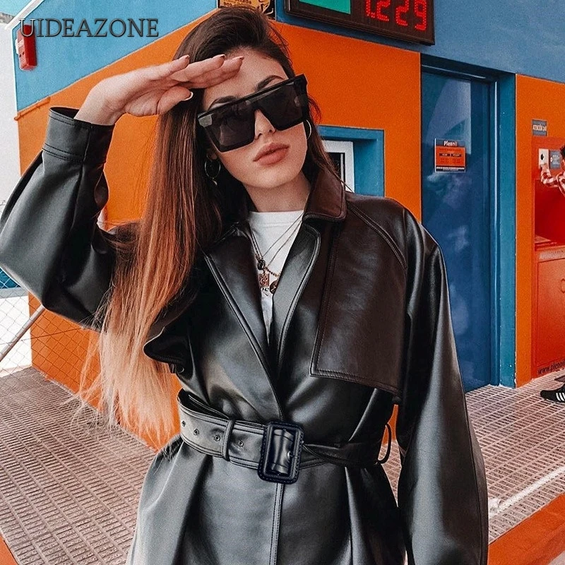 UIDEAZONE, женские Куртки из искусственной кожи, отложной воротник, длинный рукав, на молнии, Женская куртка с поясом, Осень-зима, в стиле панк
