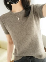 New Short-sleeved Knitwear Women O-neck T-shirt Wool Cotton Blend Pullover Vest Sprig Summer Bottoming Tops Sweater Solid Soft