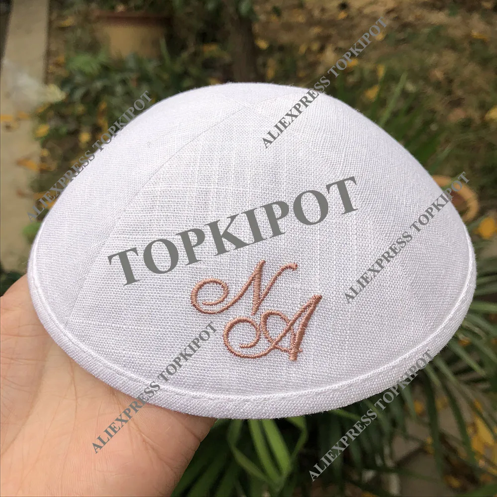 Белые льняные kippahs с вышитым логотипом розового золота