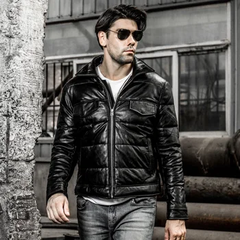 

Winter New Sheepskin Genuine Leather Short Jacket Casual Mens Turn Down Collar Duck Down Coat Chaqueta De Cuero Hombre