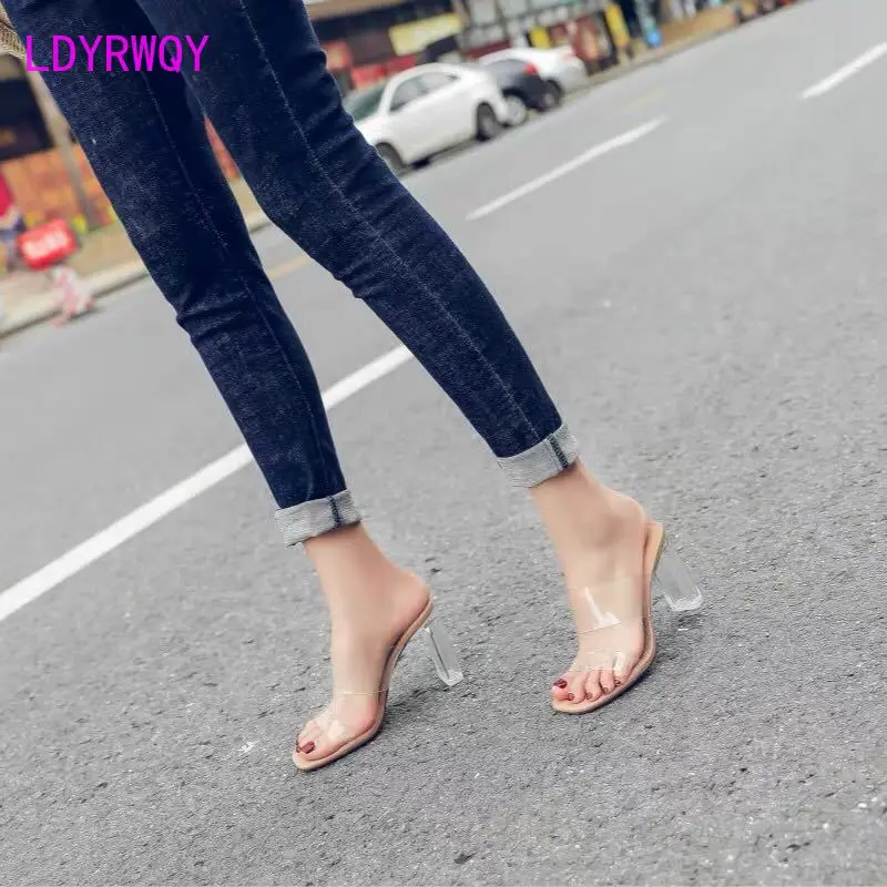 2021 new summer transparent women's mid-heel thick-heel crystal high-heeled slippers