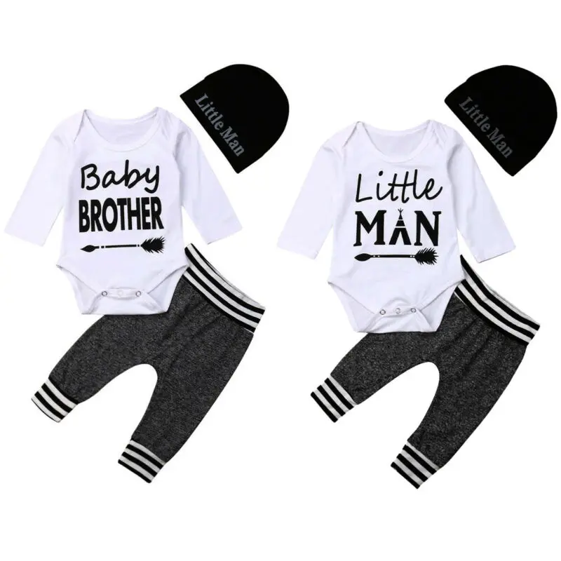 

Infant Newborn Baby Boys Letter Print Long Sleeve Bodysui t+Pants+Hats 3pcs Outfits Set Clothes Playsuit