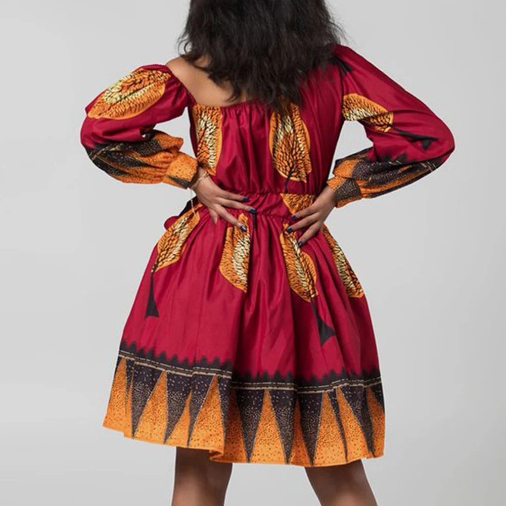 Fadzeco новые модные африканские платья для женщин на одно плечо с пышными рукавами летнее Мини платье Дашики этнический принт Vestidos Femme