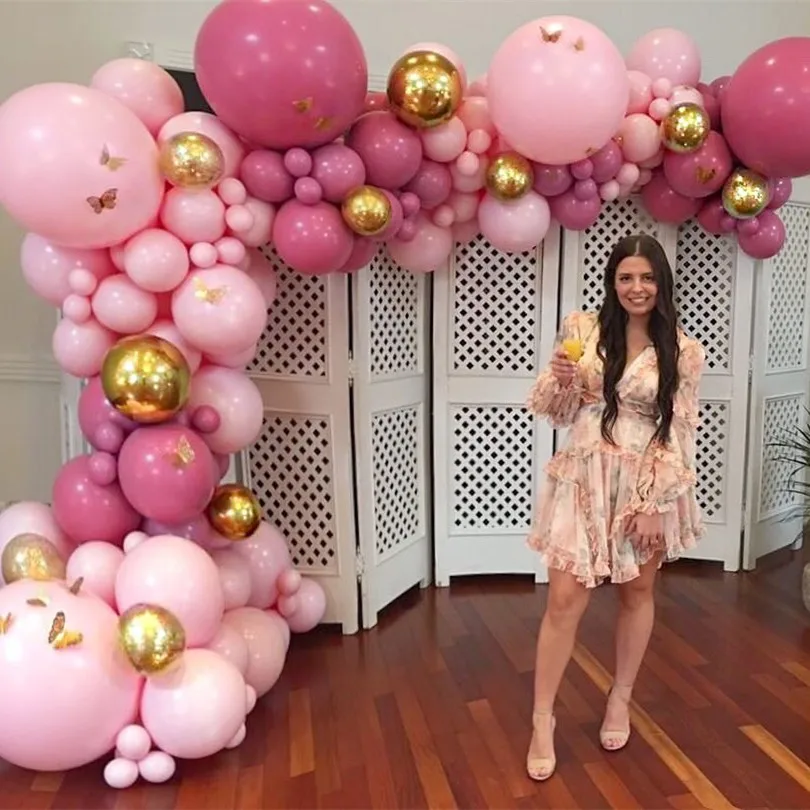 

186pcs Balloon Garland Arch Kit Retro Dusty Pink Gold 4D Baby Pink Balloons Party Decorations for Birthday Baby Shower Wedding