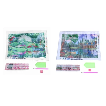 

2x DIY 5D Diamond Embroidery Painting Cross Stitch Kit Home Decor, Multicolor Hut Landscape & Lakeview Swan