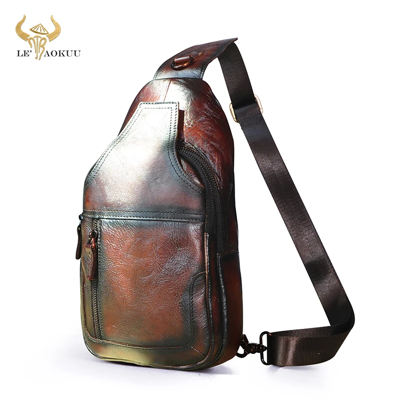 

New Men Quality Leather Casual Fashion Triangle Sling Chest Bag Design Daypack Designer One Shoulder Cross-body Bag Male 6601