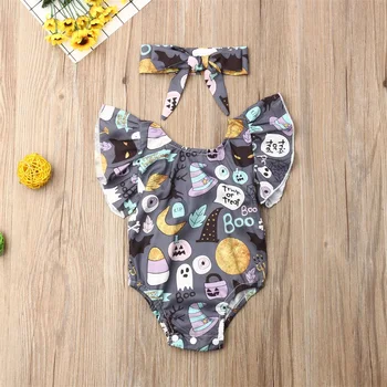 

Pudcoco Newborn Baby Boy Girl Clothes Fly Sleeve Halloween Print Romper Jumpsuit Headband 2Pcs Outfits Halloween Clothes
