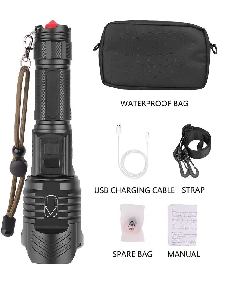 

XHP90 LED Flashlight Waterproof Telescopic Zoom SOS Torch Light with Micro USB Charging LCD Display Camping Lamp