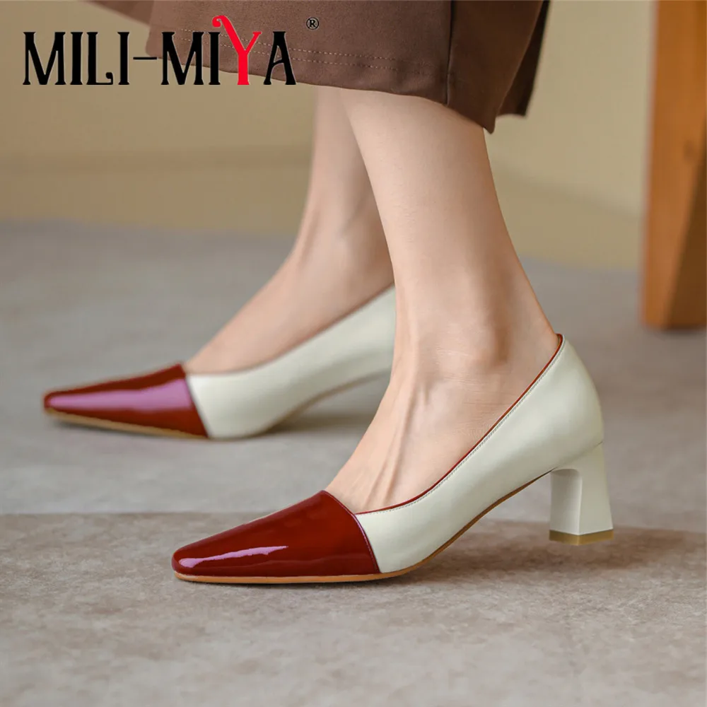 

MILI-MIYA Stylish Mixed Color Women Thick High Heels Pumps Small Square Toe Shallow Genuine Leather Dress Wedding Single Shoes