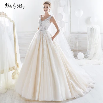 

Adoly Mey Charming V-Neck Button Tulle A-Line Wedding Dress 2020 Luxury Sashes Beaded Appliques Court Train Princess Bride Gown