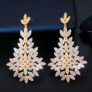 

LUALA 80mm Luxury Exclusive CZ Leaf Drop Big Statement Long Wedding Earrings 3 Tone Gold Dubai African Brides Jewelry CZ676