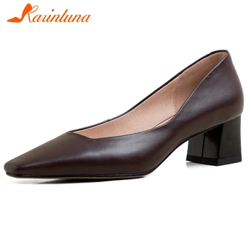 

Karinluna 2020 Hot Sale Genuine Leather Spring/Autumn Concise Shoes Woman Pumps Chunky Heels Elegant Pumps Women Shoes