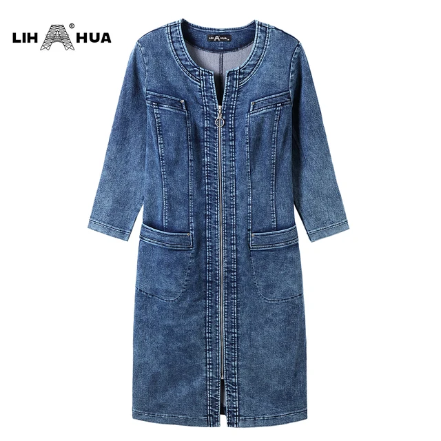 LIH HUA Women's Plus Size Denim Dress High Flexibility Slim Fit Dress Casual Woven Dress 5