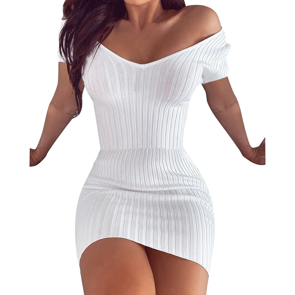 New Fashion Women Ladies Summer Casual Short Sleeve Dress Solid Color Slim Outfit Deep V-Neck Sexy Hip Sundress | Женская одежда