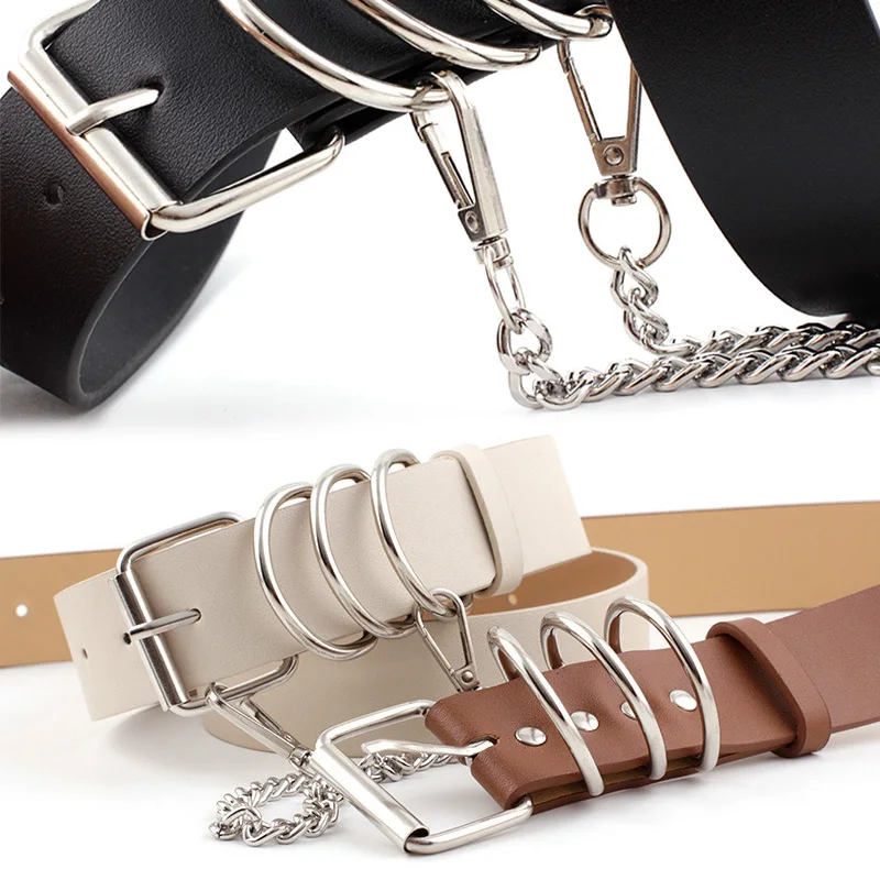 New Women Leather Chain Ring Belt Female Square Pin Buckle Waistband White Black Fashion Hot Waist Belt For Jeans Trousers Z20