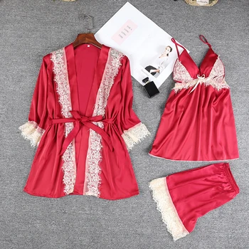 

2020 New Satin Pajamas for Women 3 Pieces Set Pjs Home Wear Clothes Print Floral Cotton Ladies Sexy Loose Sleep Nightwear Sets