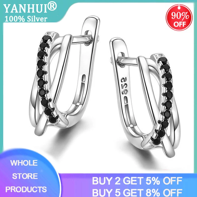 

YANHUI New Trendy Design Geometric Lines Dangler Earrings 925 Silver Jewelry Fashion Black CZ Wedding Earrings for Women Gift