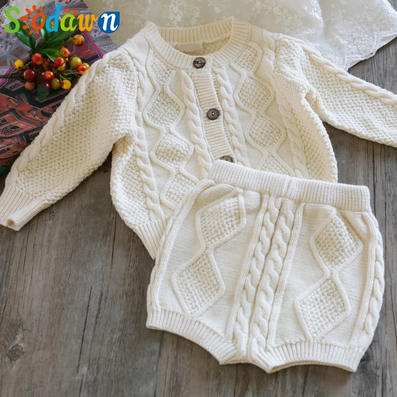 Sodawn/Новая детская одежда на осень и зиму, вязаный свитер для маленьких мальчиков и девочек, кардиган+ шорты, костюм, комплект одежды для малышей - Цвет: White