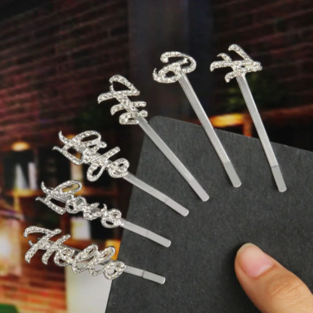 

New Silver Crystal Shiny Letters Hair Clips Women Rhinestones Hairpins Hairgrips Diamond Headwear Hair Accessories Styling Tool