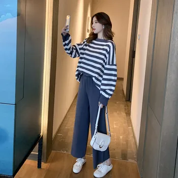 

Postpartum Women Winter Lactation Clothes Set Knitting Stripe Nursing Sweater+Wide-legged Trousers Twinset Breastfeeding Suits