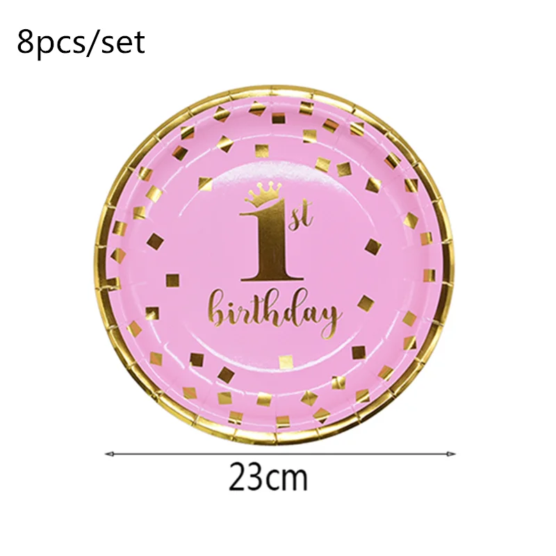 1st Birthday Party Supplies Pink Blue Paper Plates Cups Straws Disposable Tableware Banner Gender Reveal Baby Shower Party Decor - Цвет: pinkB01