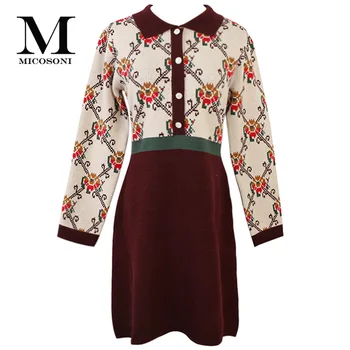 

Micosoni 2020 Spring New Turndown Collar Vintage Jacquard Embroidered Long-Sleeve Waist Knit Women's Print Sweater A-Line Dress
