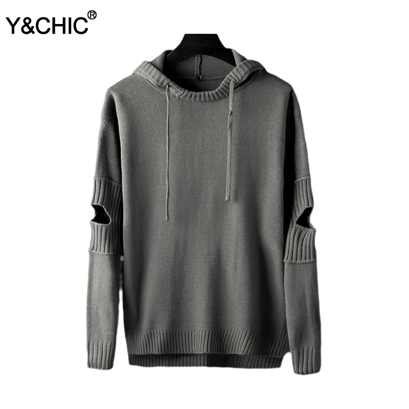 Y& CHIC осень и зима мужская мода отверстия в рукавах разработан свободный fit пуловер с капюшоном свитер
