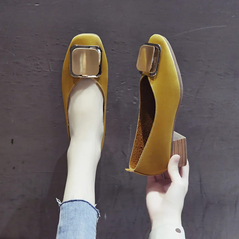 

WOMEN'S Shoes 2019 New Style Shoes Women's Summer Online Celebrity Retro Low-Cut Slip-on Square Head Metal Buckle Chunky-Heel Gr