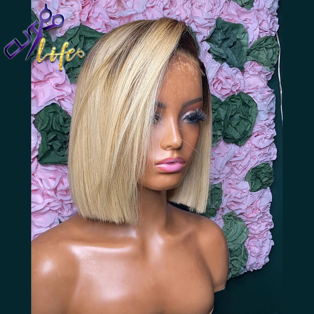 1BT613 Blonde Wig Short Bob Cheap Wig 4x4 Lace Closure Pixie Cut Wavy Brazilian Pixe Straight Human Hair Wigs For Women