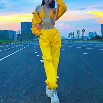 

cropped jacket cargo pants 2 pieces set autumn winter women windbreaker cardigan coat trousers tracksuit Sports and leisure suit